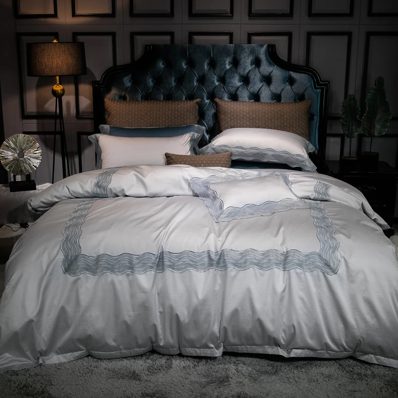 4pcs Gray Blue Lace Bedding Sets Queen King Size Duvet Cover Set