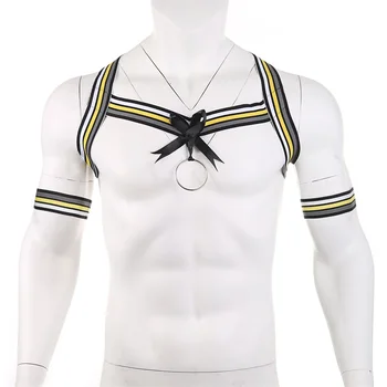 

Men Bowknot Metal Ring Decoration Bondage X-Shape Back Fetish Bondage Chest Men Wide Shoulder Strap Muscle Harness Belt