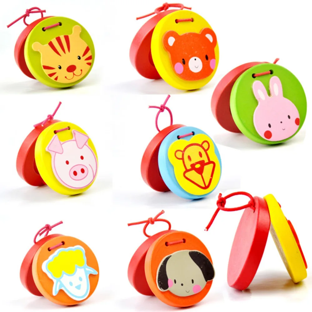 Cartoon Castanets Lovely Kids Child Baby Wooden Castanet Clapper Handle Musical Instrument Toy afbeelding