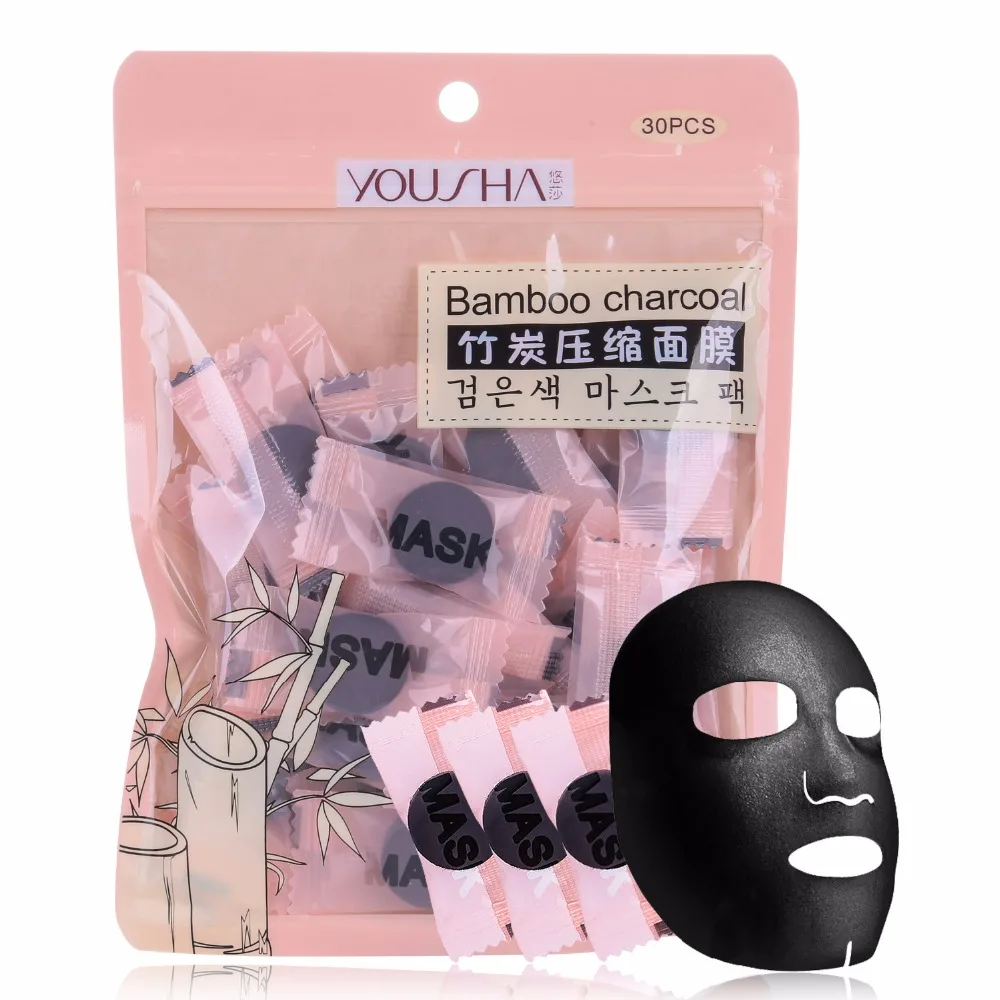 YOUSHA 30PCS SET DIY Compressed Black Mask Paper Faciales Bamboo Charcoal Fiber Deep Cleaning Adsorption blackhead