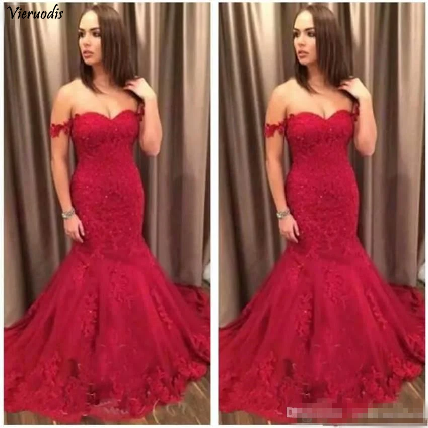 

Newest Red Off-The-Shoulder Mermaid Prom Dresses Lace Applique With Ruffles Chapel Train Long Party Evening Dresses