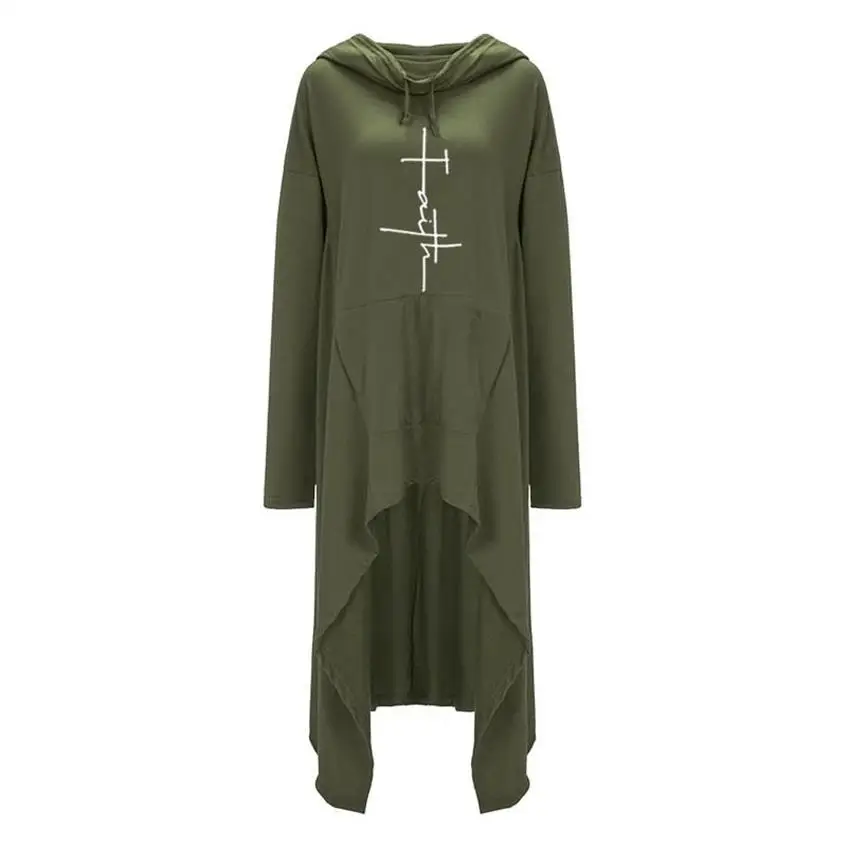 Hoodies For Women Long Irregular  Faith Letters Print Hoodies Women Tops Kawaii Casual Cotton Pattern Loose Comfortable Creative