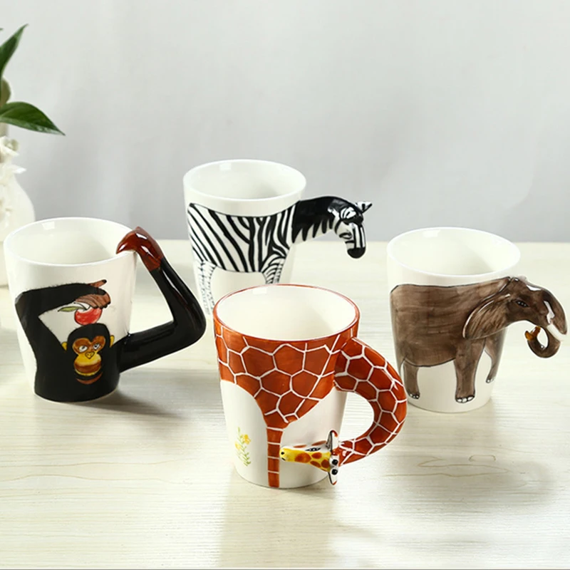 

3D Stereo Hand Painted Animal Cup Ceramic with Spoon Creative Coffee Drinking Milk Mugs Zebra Gorilla Giraffe Cat Camel
