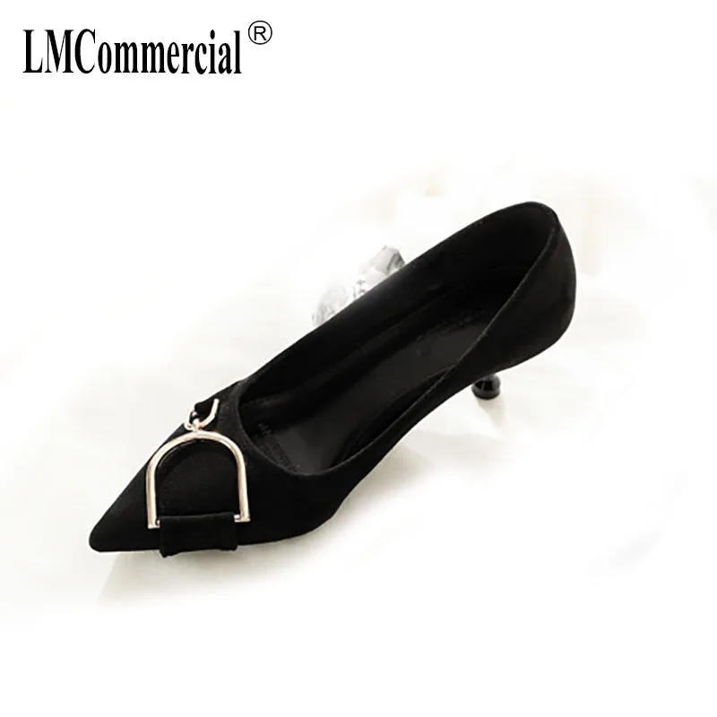 Metal Button Coloured Working Suede High-heeled Shoes Female Fine-heeled Shoes with Shallow Point Head women shoes high heel Metal Button Coloured Working Suede High-heeled Shoes Female Fine-heeled Shoes with Shallow Point Head women shoes high heel