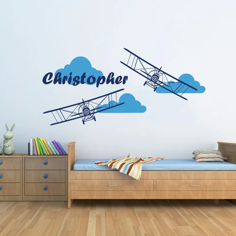 Airplane Wall Decal Clouds Vinyl Sticker Personalized Custom Name Plane