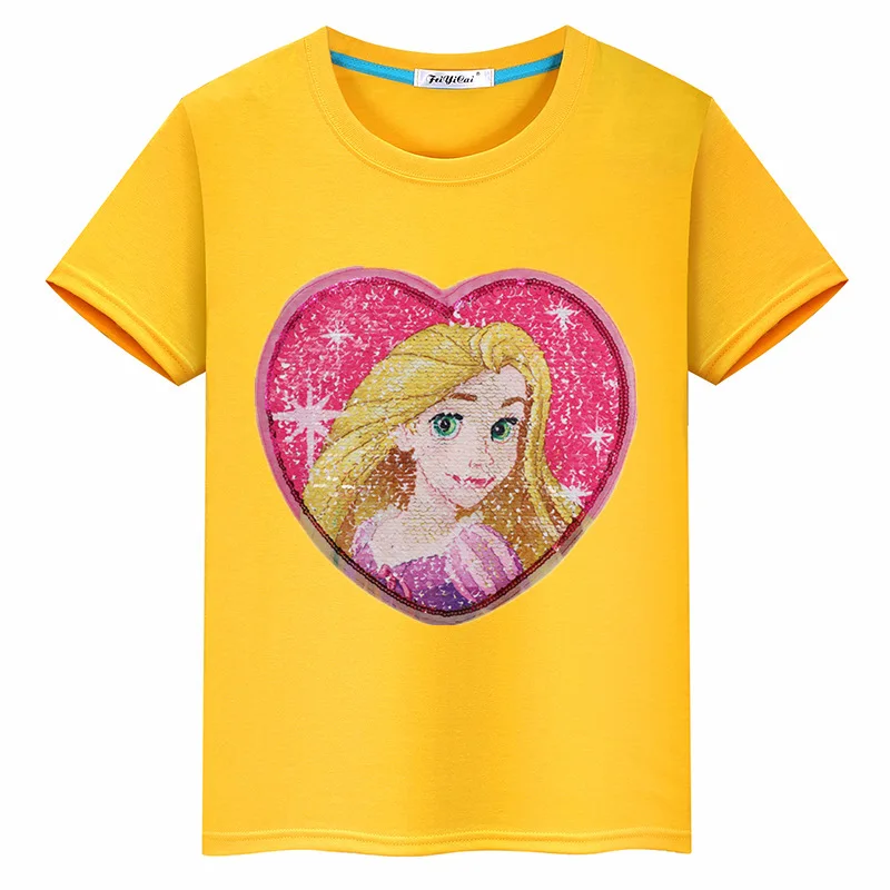 Летняя футболка принцессы с пайетками и короткими рукавами; топ для девочек из хлопка; детская одежда;