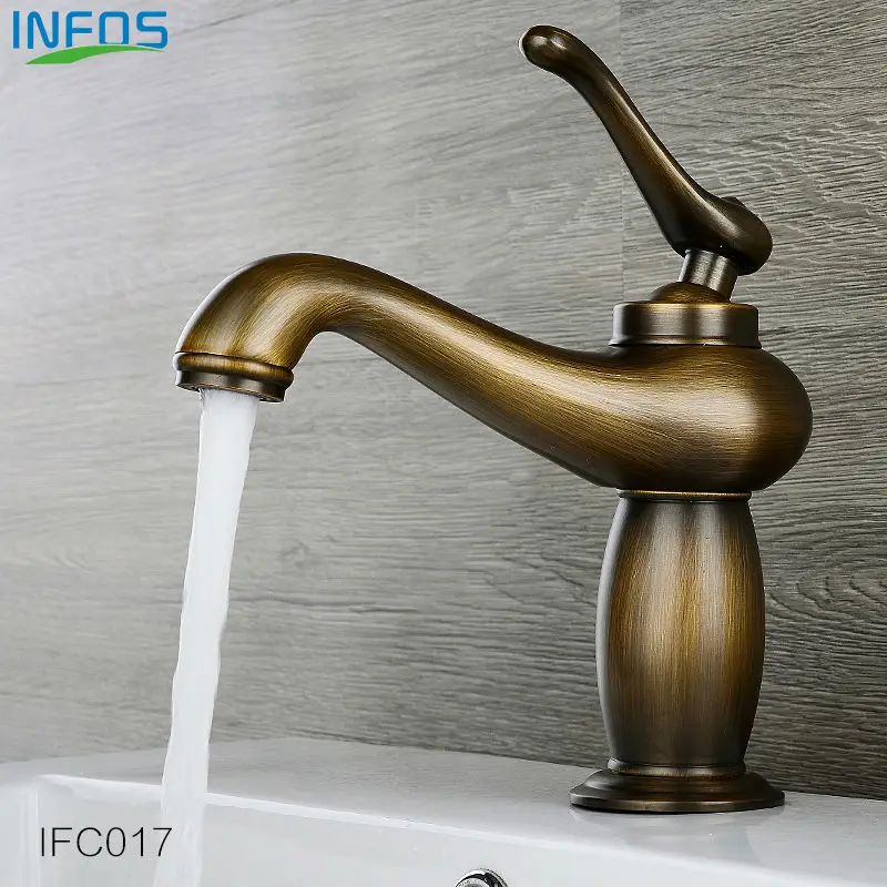 INFOS Basin Vintage Faucet Antique Brass Single Hole Bathroom Sink Mixer Tap Deck Mounted Hot and Cold Torneira Banheiro IFC017