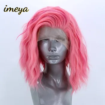 

Imeya High Temperature Fiber Short Wavy Bob Synthetic Lace Front Wigs Pink Color Heat Resistant Hair Cosplay Wigs