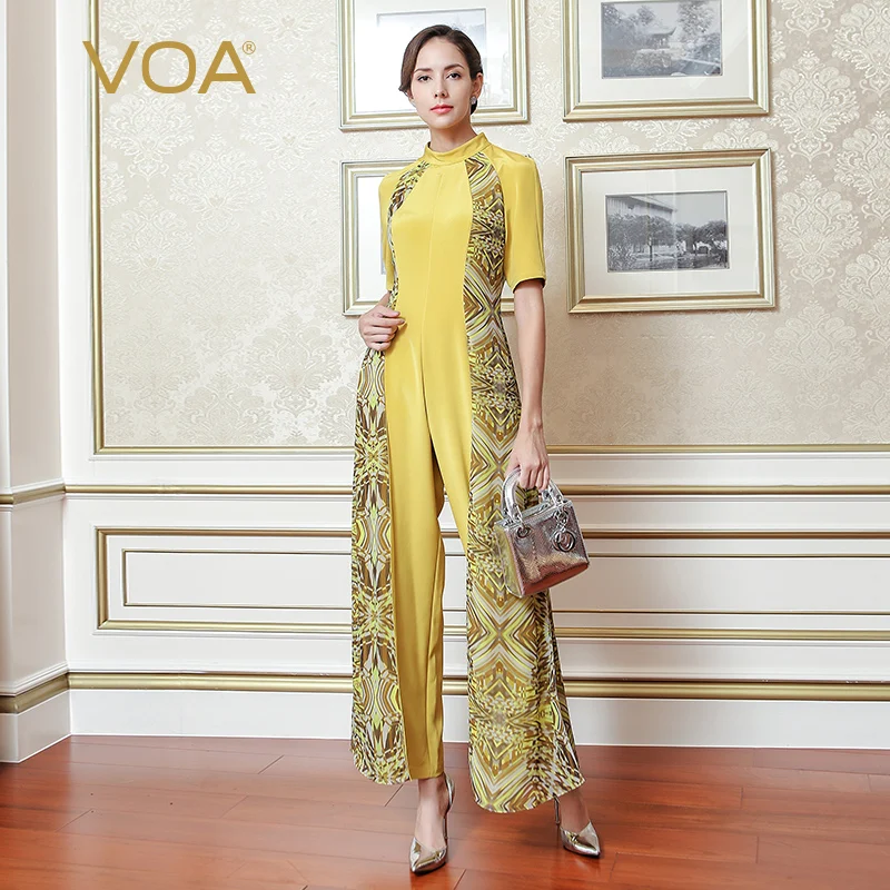 VOA 2017 Autumn Fashion Yellow Half Sleeve Heavy Silk Women's Long