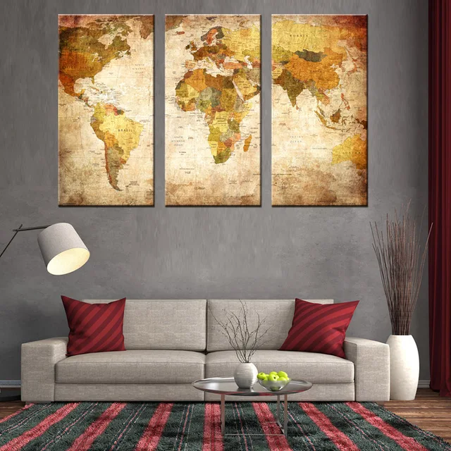 3 pcsset large still life vintage world maps canvas print wall painting classic map