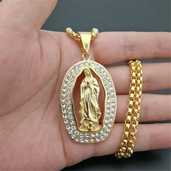 

Hip Hop Iced Out Big Virgin Mary Necklaces Pendants Gold Color Stainless Steel Chain For Women Christian Jewelry Madonna N1363
