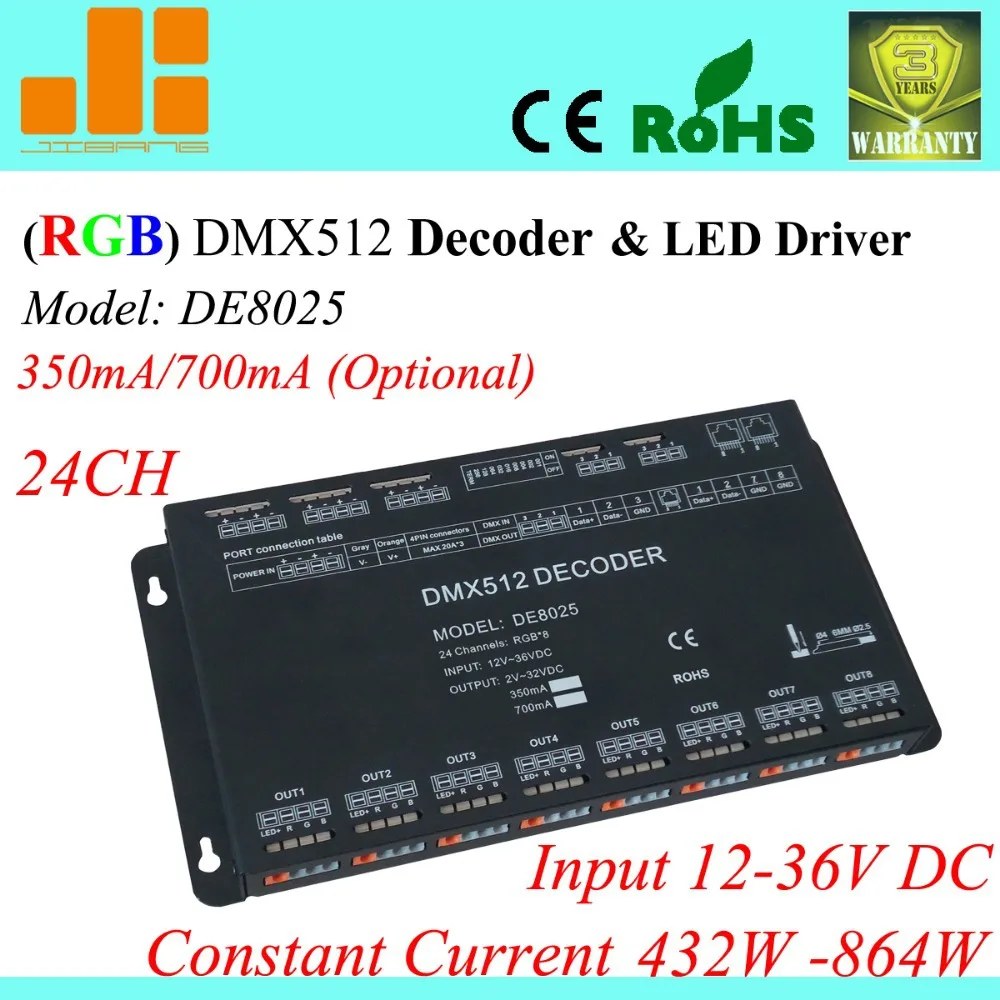 

Free Shipping 24 Channels DMX Driver, Constant Current 350mA / 700mA opt. , 12V-36V RGB Controller DE8025