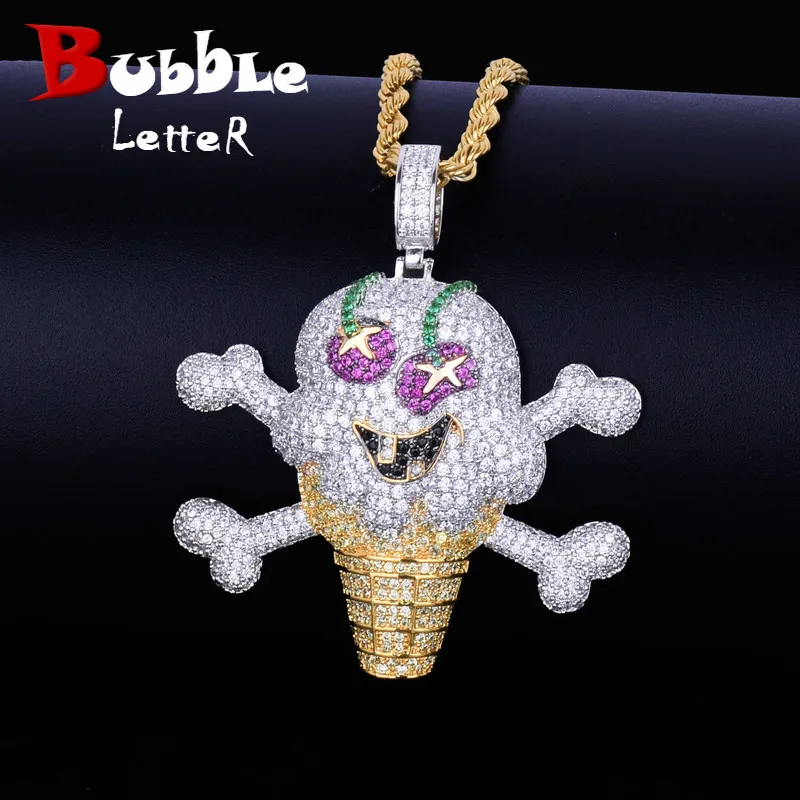 

Skull ice cream shape Necklace& Pendant Free Rope Chain Gold Color AAA Cubic Zircon Men's Hip Hop Jewelry For Gift