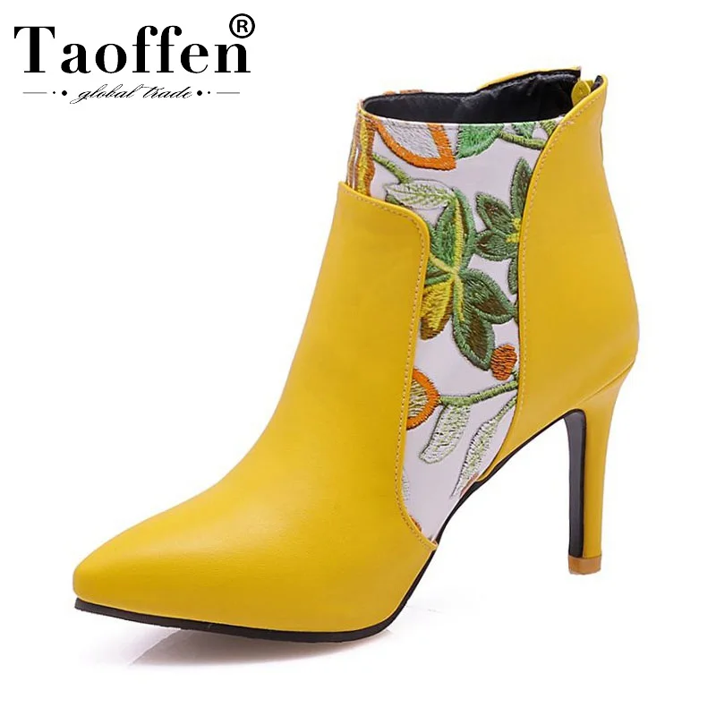 

Taoffen Plus Size 31-48 Women Ankel Boots Zipper Embroidery Thin High Heels Shoes Sexy Pointed Toe Daily Women Footwear