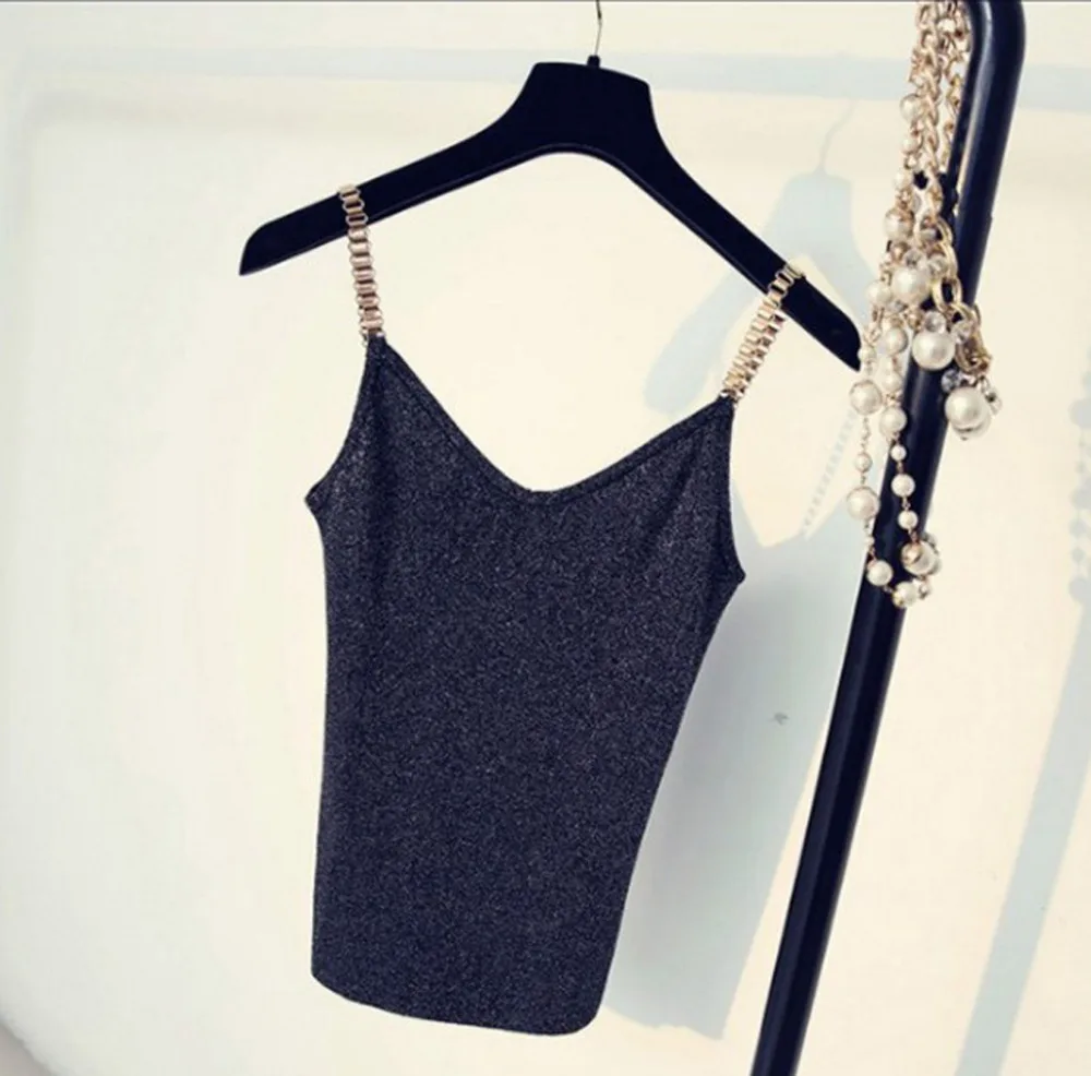 

Women Sexy V-Neck Knit Camisole Party Club Metal Strap Shiny Glitter Tank Tops