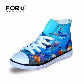 

FORUDESIGNS Sneakers for Children Walking Shoes Fish Shark Dolphin Printing High Top Kids Flat Canvas Shoes Running Sports Boots