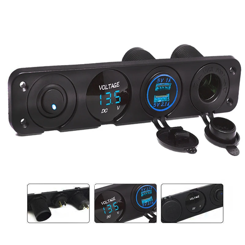 

4 Hole Dual USB Charger Voltmeter 12V Power Socket Cigarette Lighter Socket Switch Panel fit Marine Car Truck Boat Camper Mobile