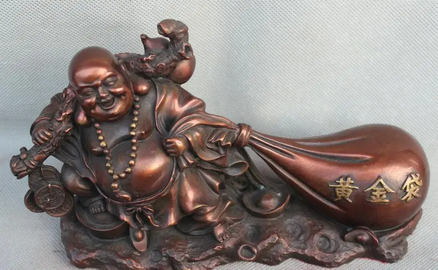 

wang671115583+++China Chinese Bronze Happy Laugh Maitreya Buddha Bring Wealth Money Bag Statue