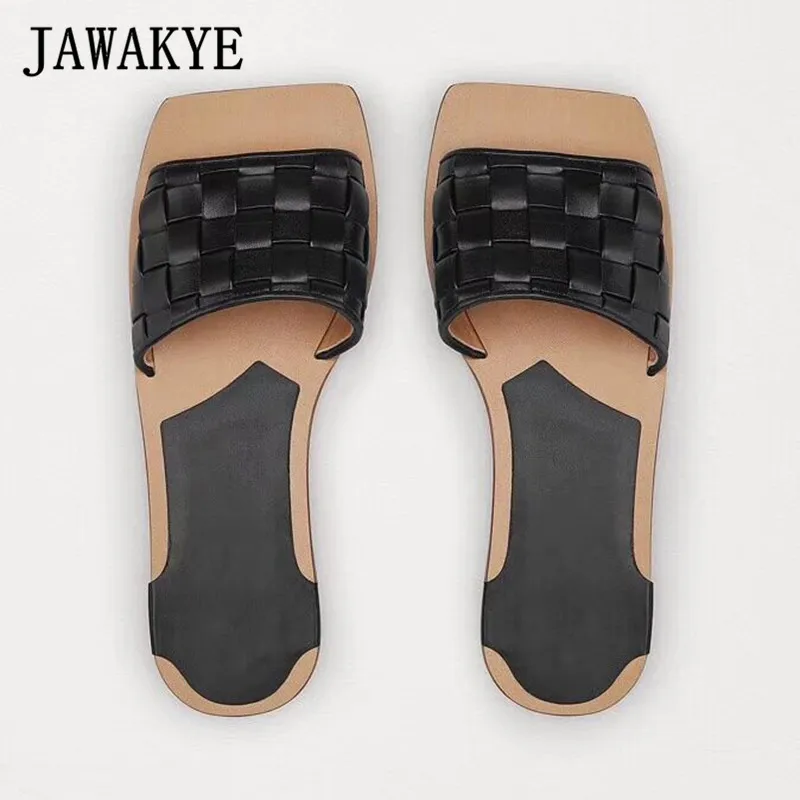 

2019 Weave Genuine Leather Flat Slippers Women Square toe Wooden Flat Sole Beach Slide Comfortable Summer Shoes Zapatos De Mujer
