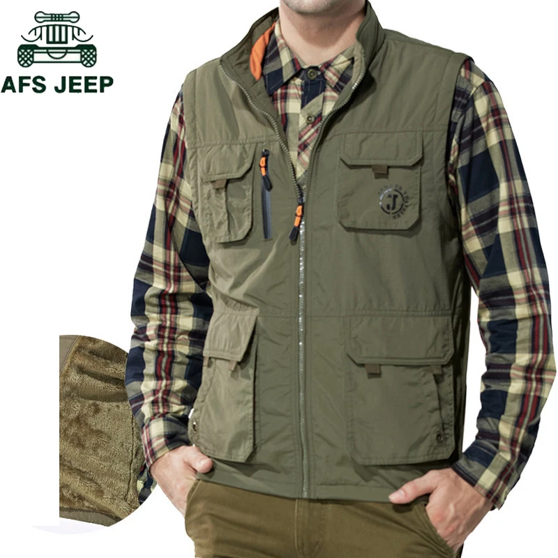 

AFS JEEP Winter Warm Fleece Vest men Brand Outdoors Travels esporte Vest Plus Size 6XL Photographer Vests Multi Pockets Jacket