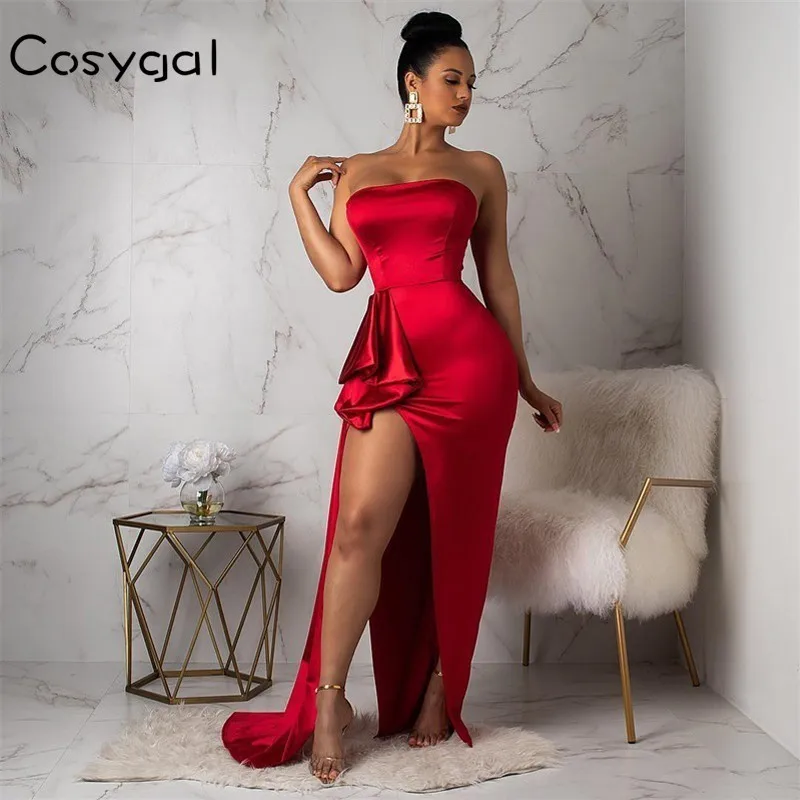 

COSYGAL Strapless High Split Sexy Dress Women Red Elegant Party Dresses Female Bodycon Evening Maxi Long Dress Floor Dress 2019