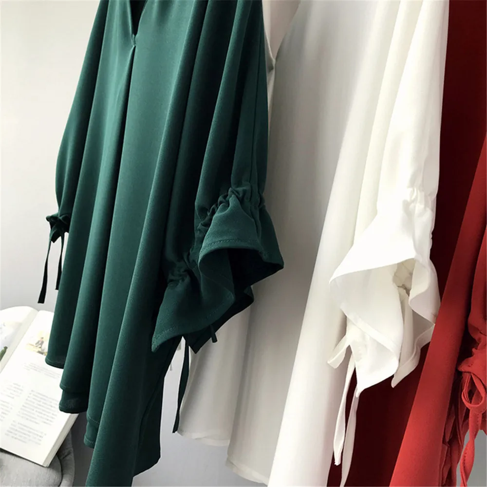 High quality Casual Chiffon V-neck Loose Shirt Office Wear 2018 White Women Blouse Shirt Half Batwing Sleeve Summer Elegant top (28)