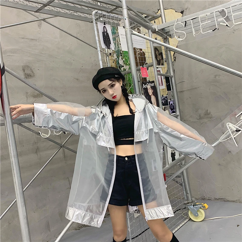 Neploe Harajuku серебряная Солнцезащитная куртка 2019 летнее пальто с капюшоном и длинным