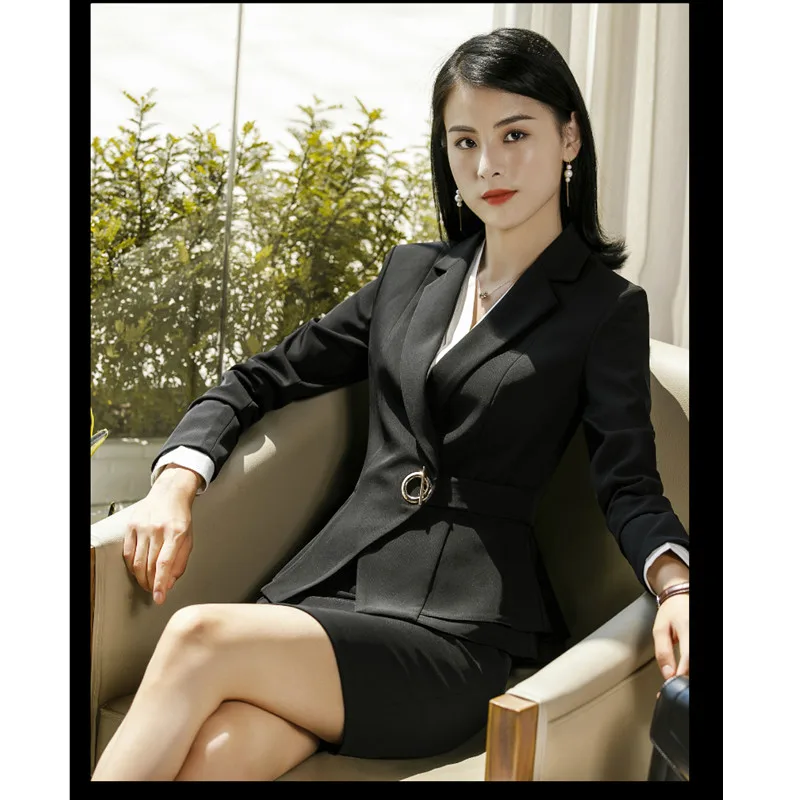black skirt suit Fmasuth элегантный женский костюм Офисная Женская юбка формальный гофрированный приталенный жакет+ юбка комплект из 2 предметов жакет юбка костюм 111YJE1882CS01 - Цвет: black skirt suit