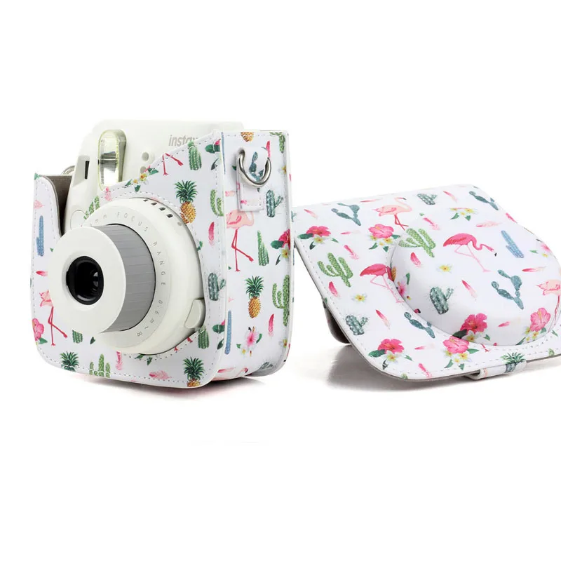 Цветочный узор из искусственной кожи камера защитная сумка на плечо чехол Чехол для Fujifilm Instax Mini 8 8+ 9 корпус камеры с ремешком - Цвет: Flamingos white