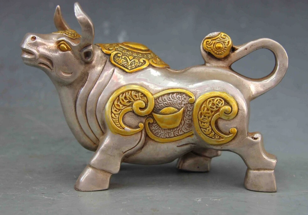 

4 Chinese White Copper Silver Fengshui Lucky Wealth RuYi YuanBao Cattle Wild ox