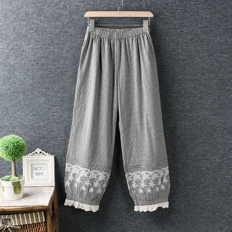 

Women Plaid Check Elastic Waist Retro Cotton Pants Pantalon Mujer Patchwork Floral Embroidery Loose Long Trousers Spring Casual