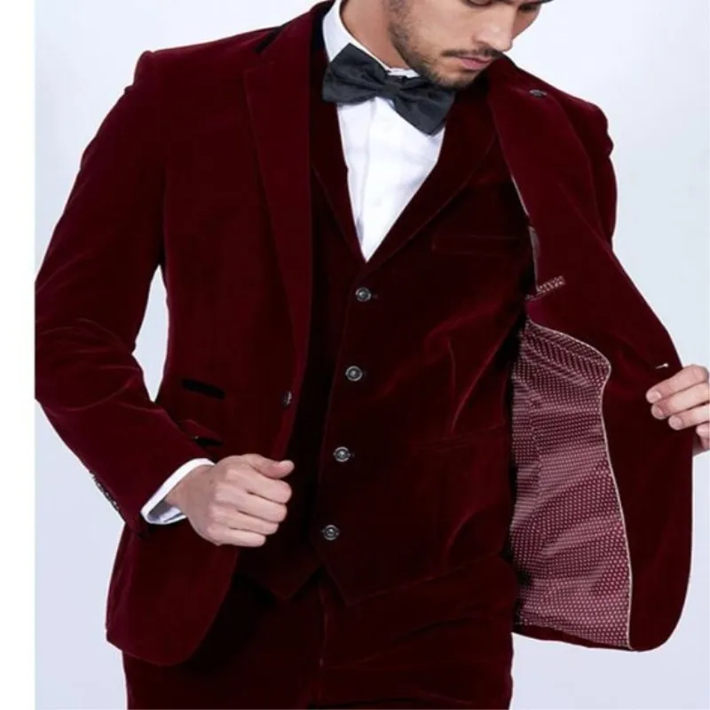 2018 Wine Red Velvet Mens Dinner Party Prom Suit Groom Tuxedos
