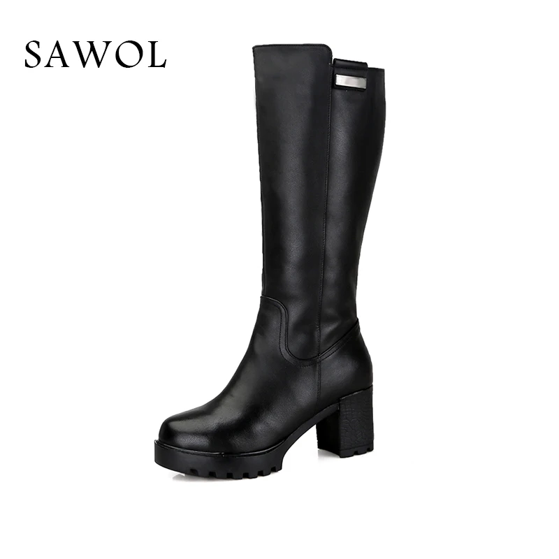 

Genuine Leather Women Winter Shoes Brand High Quality Knee High Boots Natural Wool Shearling Warmful Women Winter Boots Sawol