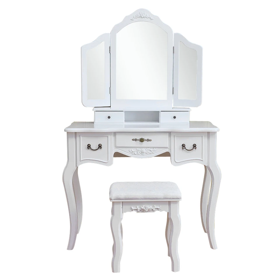 Tri Fold Mirrored Dresser Wooden Dressing Table White Makeup Table