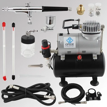 

OPHIR Pro Dual-Action Airbrush Kit with Air Tank Compressor for Cake Paint Nail Art Model Hobby Air Brush Spray Gun_AC090+AC074