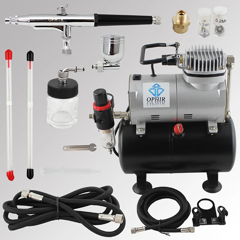 OPHIR Pro Dual-Action Airbrush Kit with Air Tank Compressor for Cake Paint Nail Art Model Hobby Air Brush Spray Gun_AC090+AC074 OPHIR Pro Dual-Action Airbrush Kit with Air Tank Compressor for Cake Paint Nail Art Model Hobby Air Brush Spray Gun_AC090+AC074