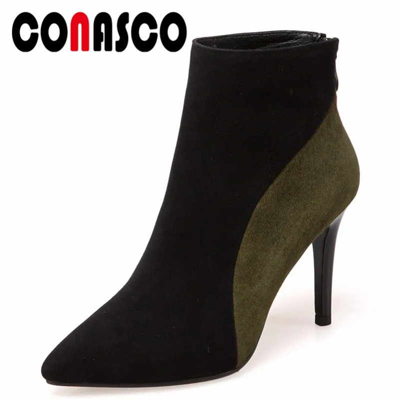 

CONASCO Fashion Sexy Women Thin High Heels Ankle Boots Zipper Autumn Winter Patchwork Office Pumps Suede Leather Basic Boots