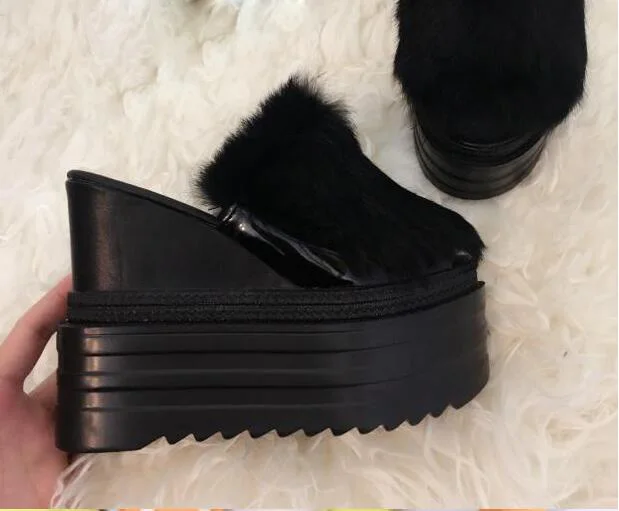

2017 summer women sandals wedges sexy black high heels sandals faux fur outside sandals platform shoes ladies slides