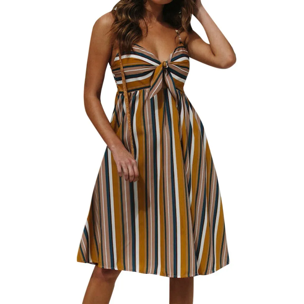 

2019 Summer Women Dress Sundress Casual Polyester Sexy Strap Yellow Strappy Stripe Leaking Back Mini Dress L510