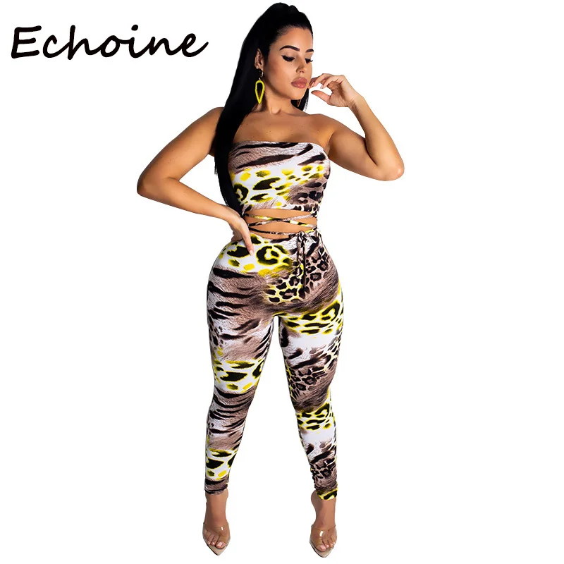 

Echoine Sexy Leopard Print Bodycon Jumpsuit Off Shoulder Cut Out Bandage Long Pant Playsuits Women's Summer Overalls