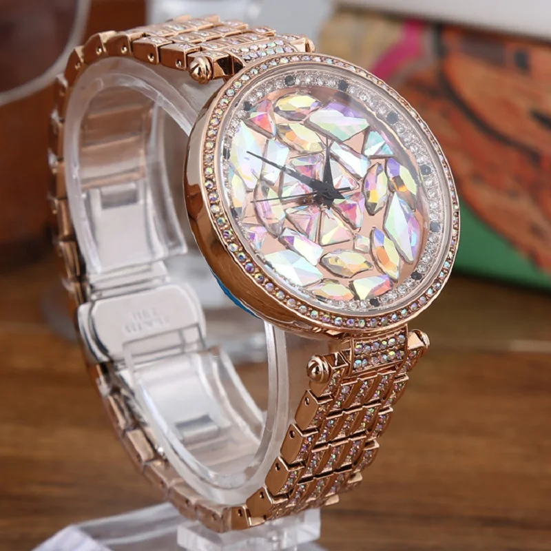 

Hot Women Stainless Steel Watch Lady Shining Rotation Dress Watch Big Diamond Stone Wristwatches Gold Watch Clocks Hours