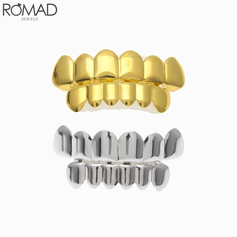 

ROMAD Gold Men grillz Hip Hop Rose Gold Dental Grills Tooth Grillz Rapper Teeth Caps taladrado Punk Tooth Jewelry Party Gift R5