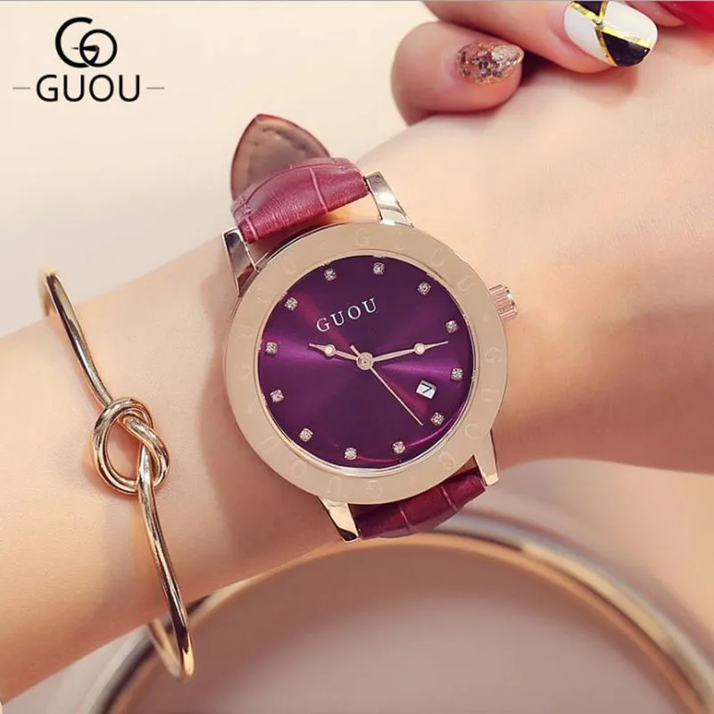 GUOU 여성용 시계 고급 다이아몬드 손목 시계 패션 가죽 스트랩 숙녀 시계 여성 시계 시계 브랜드 여성 의류 여성 의류