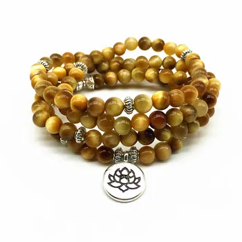 

Fashion Natural Golden Tiger eye 6 mm Round Stone Bead Women Bracelet Heart Charm 74cm Yoga Necklace Gift Elastic Lotus Bangle