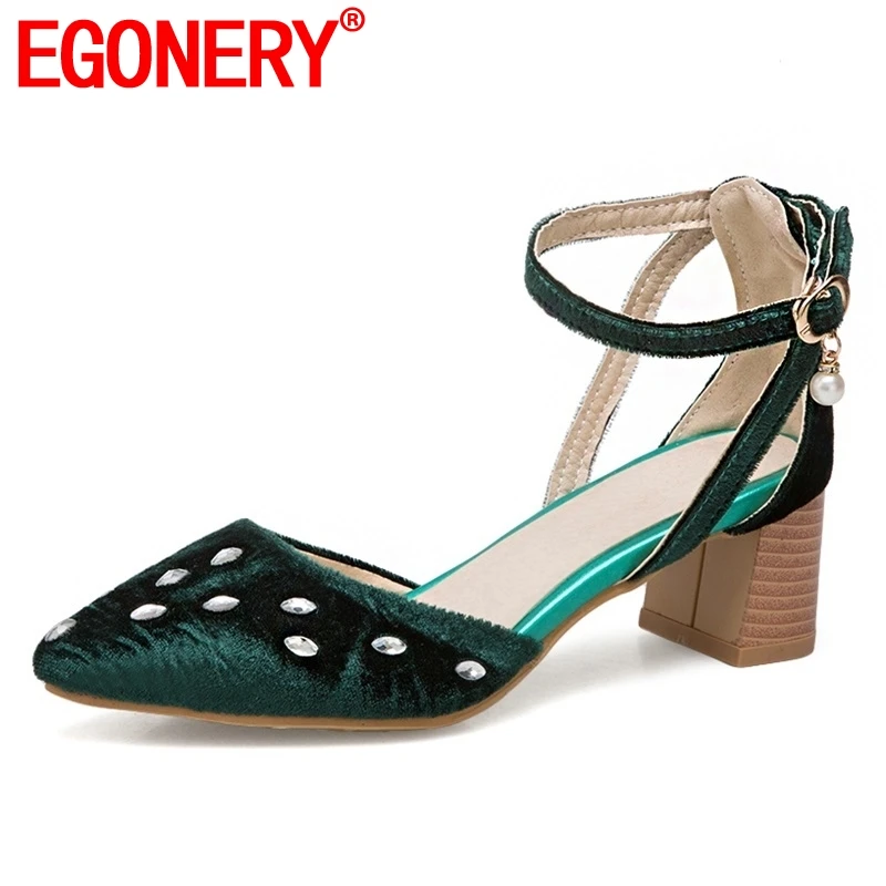 

EGONERY shoes women 2019 spring new fashion flock crystal party women pumps 5 cm square heel shallow buckle plus size lady shoes