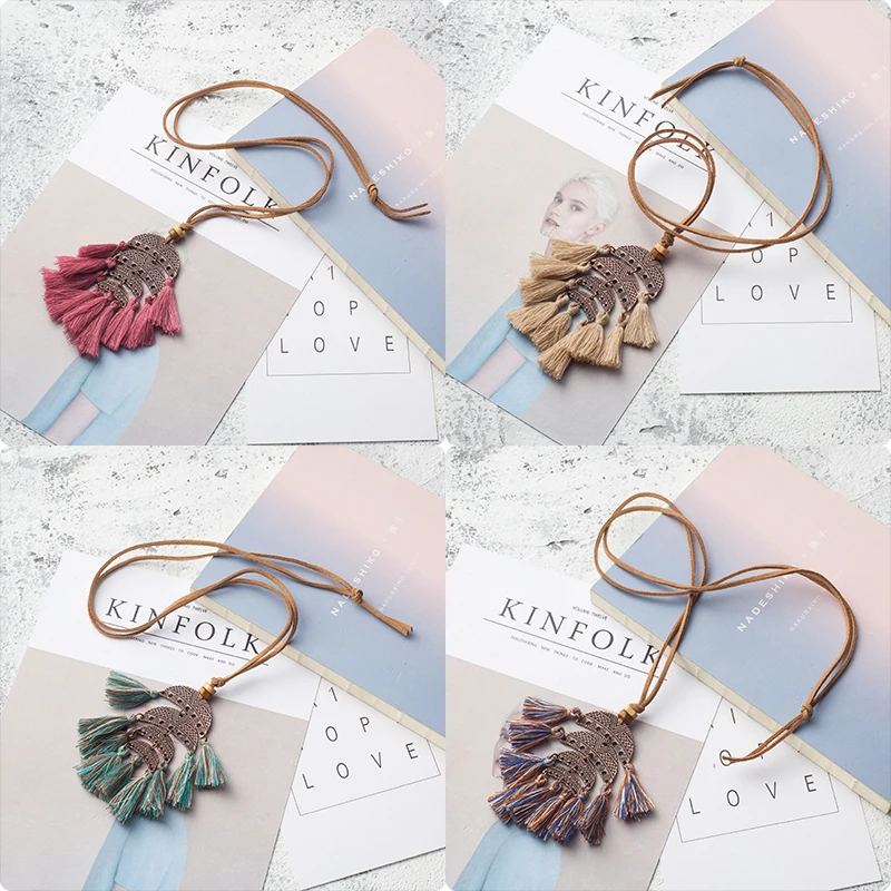 

2019 new vintage statement fringed necklace Ethnic geometric long leather rope sweater chain pendant necklaces jewelry for women
