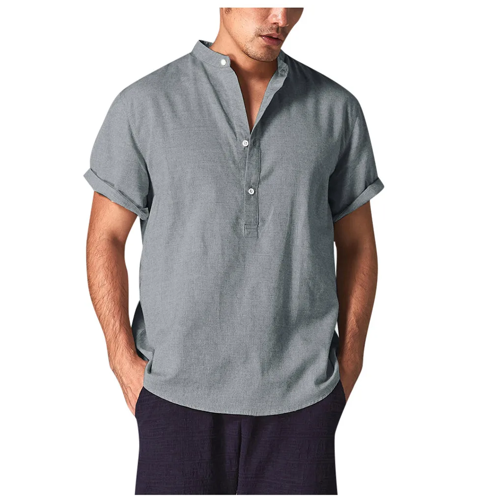 الصيف الرجال بارد و رقيقة عارضة قمصان القطن و الكتان لينة Blusas قصيرة الأكمام ياقات الصلبة ألوان الموضة قمصان أوم