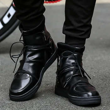 

New Trend Casual Shoes Men Fashion Short Boots Leather Low Heel All Black White Lace Up Zipper Shoes Male Zapatos De Hombre
