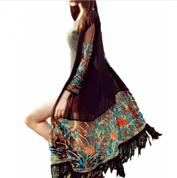 

JOYINPARTY 2017 Summer Autumn Women Vintage Boho Flower Brush Beach Bikini Cover Up Chiffon Tops Blouses Shirts Long Cardigan