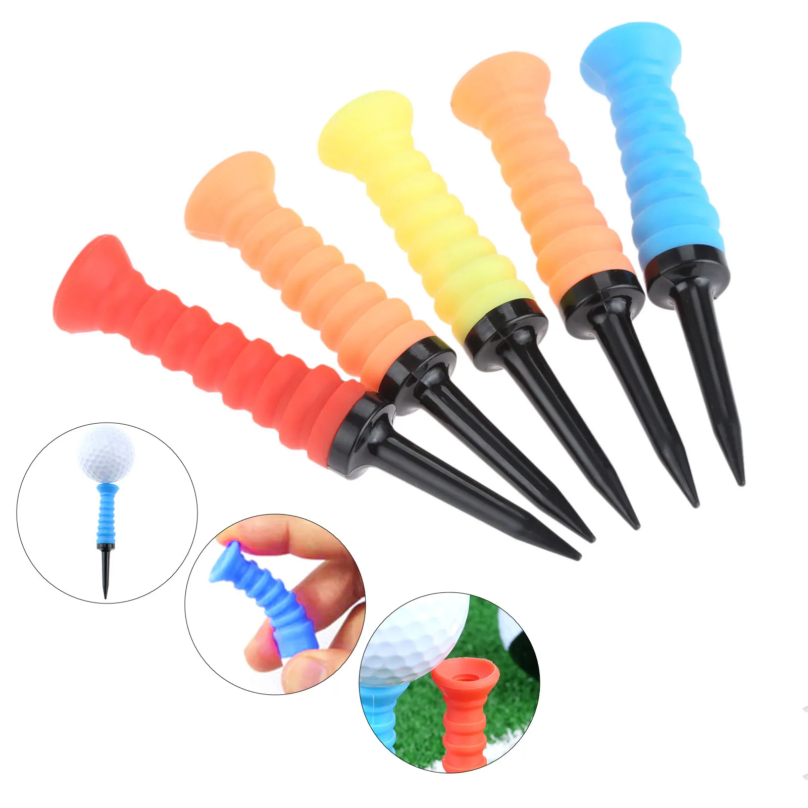 5 Pcs/bag Golf Tees 82mm Rubber Elastic Tee Flexible Top Low Resistance Plastic Golf Spring Tees Mixed Colors Golf Accessories